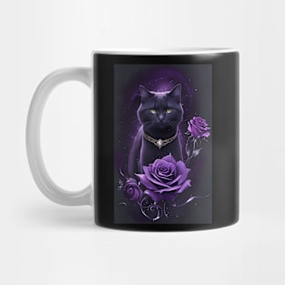 Mystical Purple Black Cat With Diamonds and Roses Mug